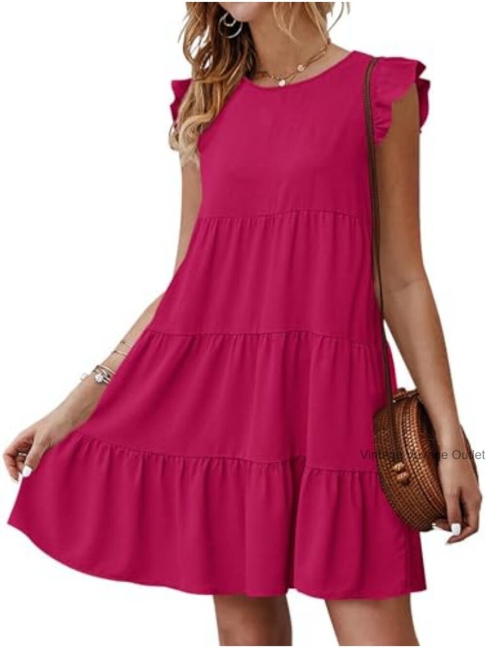 Women's Babydoll Swing Dress Ruffle Sleeve Button Keyhole Back Flowy Summer